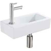 Qeramiq Fuente fonteinset – 37.5x18.5x9 cm – keramiek wit glans – kraangat links – kraan geborsteld RVS SW1122449/SW696207/SW696217/SW696237