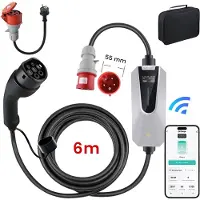 Junsun Draagbare 3.68/11kW 16A 1/3-Fase EV Laadkabel - Type 2 Laadpaal met App/WiFi Bediening, 6M Kabel + LCD Scherm & Opbergtas - 6A/8A/10A/13A/16A Schakelbaar - IEC62196-2 & IP65