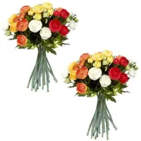 Mica Decorations 2x stuks oranje/wit Ranunculus/ranonkel kunstbloemen boeket 35 cm -