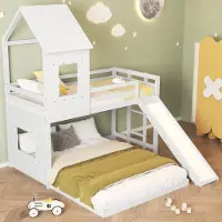 Merax Stapelbed met glijbaan - kinderbed - met raam en dak - met trapladder - wit - 90x200cm&140x200cm - zonder matras