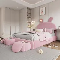 Merax Kinderbed - tweepersoonsbed - konijnenoren met instelbare helderheid - met opbergruimte - 2 opbergkrukken - roze - 140x200cm - zonder matras