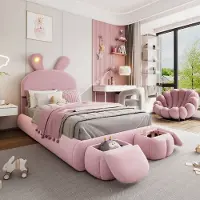 Merax Kinderbed - eenpersoonsbed - konijnenoren met instelbare lichtsterkte - met 2 opbergkrukken - roze - 90x200cm - zonder matras