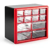 PlasticForte Sorteerbakjes spijkers/schroeven - 12x lades - 26 x 16 x 23 cm - opbergkastjes - ophangbaar - rood/transparant