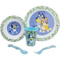 Stor Bluey Kinderservies - 5-delig - Herbruikbaar - Inclusief bord, kom, bestek en beker - Vaatwasser- en microgolfbestendig & BPA-vrij - Wit/Blauw