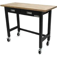 HBM werkbank 122 cm verrijdbaar met 2 laden, massief houten werkblad, zwart