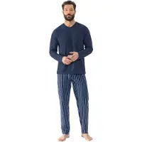 Mey Pyjama lang 'Straight' blauw / donkerblauw / wit