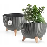 Kadax Bloempot, van kunststof, met drie insteeksteunen, rond, bloemenschaal, plantenbak, bloembak, voor balkon, woonkamer, 33 cm diameter, antraciet