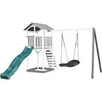 Axi Beach Tower Speeltoestel van hout in Grijs en Wit | Speeltoren met zandbak, nestschommel en groene Glijbaan | Speelhuis op palen voor de tuin