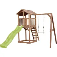 Axi Beach Tower Speeltoestel van hout in Bruin | Speeltoren met zandbak, schommel en lichtgroene Glijbaan | Speelhuis op palen voor de tuin
