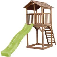 Axi Beach Tower Speeltoestel van hout in Bruin | Speeltoren met zandbak en lichtgroene Glijbaan | Speelhuis op palen voor de tuin