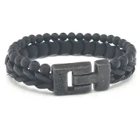 Josh Heren Leren Armband met Natuursteen Mat Zwart | 24981-BRA