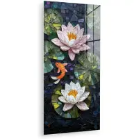 MuchoWow Glasschilderij 40x80 cm - Schilderij acrylglas - Glasstukjes - Leliebladeren - Vis - Oranje - Foto op glas - Muurdecoratie woonkamer - Wanddecoratie slaapkamer - Schilderijen