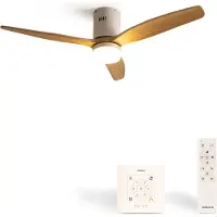 Create - Plafondventilator 40W silent Ø132 cm ABS - Met Verlichting drie temperaturen - Met Wandregelaar - Met Afstandsbediening - 6 Snelheden - Timer - Zomer/Winter functie - Naturel Hout - WIND CALM