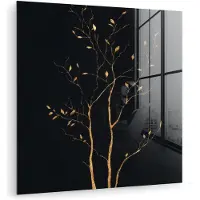 MuchoWow Glasschilderij 50x50 cm - Schilderij acrylglas - Takken - Blaadjes - Zwart - Foto op glas - Muurdecoratie woonkamer - Wanddecoratie slaapkamer - Schilderijen
