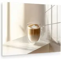 MuchoWow Glasschilderij 40x30 cm - Schilderij acrylglas - Mok - Latte - Minimalistisch - Schaduw - Foto op glas - Muurdecoratie woonkamer - Wanddecoratie slaapkamer - Schilderijen
