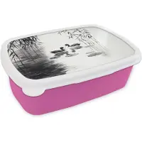 MuchoWow Broodtrommel Roze - Lunchbox Eenden - Waterlelies - Riet - Zwart - Brooddoos 18x12x6 cm - Brood lunch box - Broodtrommels voor kinderen en volwassenen