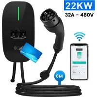 Junsun Laadpaal Thuis 22kW 32A 3-Fase Oplaadpunt- Type 2 Laadpaal met App/WiFi Bediening, 6M Kabel + RFID - 6A/8A/10A/13A/16A/20A/24A/32A Schakelbaar