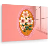MuchoWow Glasschilderij 30x20 cm - Schilderij acrylglas - Illustratie - Bloemen - Rand - Roze - Foto op glas - Muurdecoratie woonkamer - Wanddecoratie slaapkamer - Schilderijen