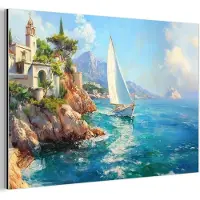 MuchoWow Aluminium schilderij 90x60 cm - Wanddecoratie metaal - Zeilboot - Rotsen - Kust - Huizen - Metalen muurdecoratie woonkamer - Decoratie industrieel - Foto op dibond - Industriële accessoires slaapkamer