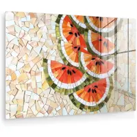 MuchoWow Glasschilderij 60x40 cm - Schilderij acrylglas - Mozaïek - Watermeloen - Rood - Pitten - Foto op glas - Muurdecoratie woonkamer - Wanddecoratie slaapkamer - Schilderijen