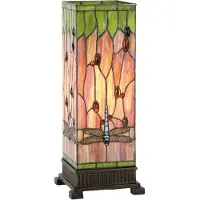 Clayre & Eef Tiffany tafellamp, 18x18x45 cm, roodgroen glas, met libellemotief