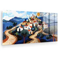 MuchoWow Glasschilderij 80x40 cm - Schilderij acrylglas - Dorp - Heuvelachtig - Zon - Mozaïek - Foto op glas - Muurdecoratie woonkamer - Wanddecoratie slaapkamer - Schilderijen