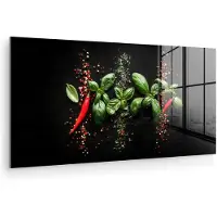 MuchoWow Glasschilderij 120x60 cm - Schilderij acrylglas - Chilipepers - Basilicum - Blaadjes - Rood - Foto op glas - Muurdecoratie woonkamer - Wanddecoratie slaapkamer - Schilderijen
