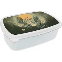 MuchoWow Broodtrommel Wit - Lunchbox Bloemen - Bladeren - Zon - Groen - Brooddoos 18x12x6 cm - Brood lunch box - Broodtrommels voor kinderen en volwassenen
