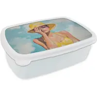 MuchoWow Broodtrommel Wit - Lunchbox Schilderij - Vrouw - Hoed - Geel - Brooddoos 18x12x6 cm - Brood lunch box - Broodtrommels voor kinderen en volwassenen