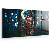 MuchoWow Glasschilderij 40x20 cm - Schilderij acrylglas - Uil - Mozaïek - Maan - Nacht - Foto op glas - Muurdecoratie woonkamer - Wanddecoratie slaapkamer - Schilderijen