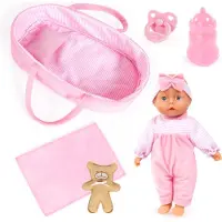 Bayer Babypop, zacht lichaam, 28 cm, poppendraagtas, deken, kussen, fopspeen, fles, teddybeer