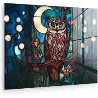MuchoWow Glasschilderij 80x60 cm - Schilderij acrylglas - Uil - Mozaïek - Maan - Nacht - Foto op glas - Muurdecoratie woonkamer - Wanddecoratie slaapkamer - Schilderijen