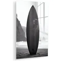 MuchoWow Glasschilderij 20x30 cm - Schilderij acrylglas - Surfplank - Zand - Zee - Foto op glas - Muurdecoratie woonkamer - Wanddecoratie slaapkamer - Schilderijen