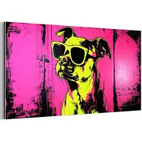 MuchoWow Aluminium schilderij 40x20 cm - Wanddecoratie metaal - Hond - Zonnebril - Roze - Art - Metalen muurdecoratie woonkamer - Decoratie industrieel - Foto op dibond - Industriële accessoires slaapkamer