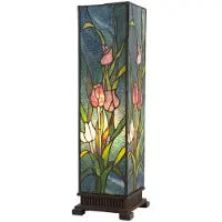 Clayre & Eef Tiffany tafellamp, 17x17x58 cm, groen, roze glas, tulpenmotief