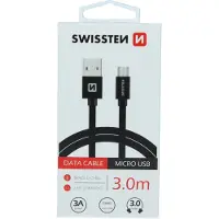 Swissten Lange Micro‑USB Oplaadkabel 3 meter – voor Samsung, Android, Powerbank & PS4 Controller – USB‑A Kabel – Zwart