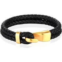 Mendes Jewelry Roestvrijstalen en Echt Lederen Heren Armband in Zwart en Goud-21cm