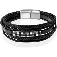 Mendes Jewelry Heren Armband - Robuust Zwart Leder met Zilveren Rechthoekige Plaat-21cm