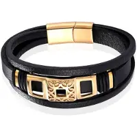 Mendes Jewelry Luxe Heren Armband in Zwart Leer met Gouden Elementen-19cm