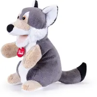 Trudi - Puppets Handpop Wolf 16 cm - Handgemaakt in Italie - Pluche knuffel - Knuffeldier voor jongens en meisjes - Grijs Wit - Beweegbare snuit, poten en oren