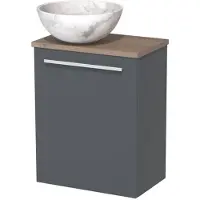Maxaro Toiletmeubel met waskom | 41 cm Donkergrijs Vlak front Wit marmer Natuursteen waskom Middenbruin eiken blad