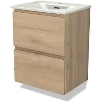 Maxaro Modulo Slim Badkamermeubel met wastafel | 50 cm Lichtbruin eiken Greeploos front Keramiek 2 lades onder elkaar