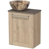 Maxaro Toiletmeubel met waskom | 41 cm Lichtbruin eiken Kader front Dark emperador Natuursteen waskom Donkerbruin eiken blad