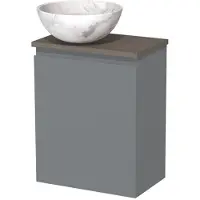 Maxaro Toiletmeubel met waskom | 41 cm Middengrijs Greeploos front Wit marmer Natuursteen waskom Donkerbruin eiken blad