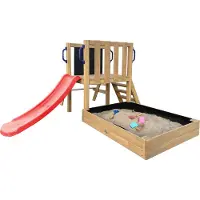 Axi Leah Mini Speeltoren van hout in bruin met rode Glijbaan | Kleine Speeltoren met Zandbak, Picknicktafel en Krijtbord | Multifunctioneel speeltoren voor in de tuin