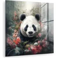 MuchoWow Glasschilderij 50x50 cm - Schilderij acrylglas - Panda - Wilde dieren - Bloemen - Natuur - Foto op glas - Muurdecoratie woonkamer - Wanddecoratie slaapkamer - Schilderijen