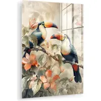 MuchoWow Glasschilderij 30x40 cm - Schilderij acrylglas - Toekan - Vogels - Bloemen - Tak - Foto op glas - Muurdecoratie woonkamer - Wanddecoratie slaapkamer - Schilderijen