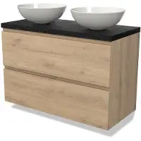 Maxaro Modulo Plato Badkamermeubel voor waskom | 100 cm Lichtbruin eiken Greeploos front Zwart eiken blad 2 lades onder elkaar