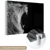 MuchoWow Glasschilderij - Dieren - Leeuw - Natuur - Zwart-wit - Acrylglas - Foto op glas - Schilderijen woonkamer - 150x100 cm - Schilderij leeuw - Wanddecoratie glas - Muurdecoratie