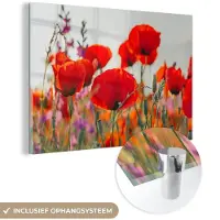 MuchoWow Glasschilderij 150x100 cm - Schilderij acrylglas - Klaproos - Bloemen - Rood - Paars - Weide - Foto op glas - Muurdecoratie woonkamer - Wanddecoratie slaapkamer - Schilderijen